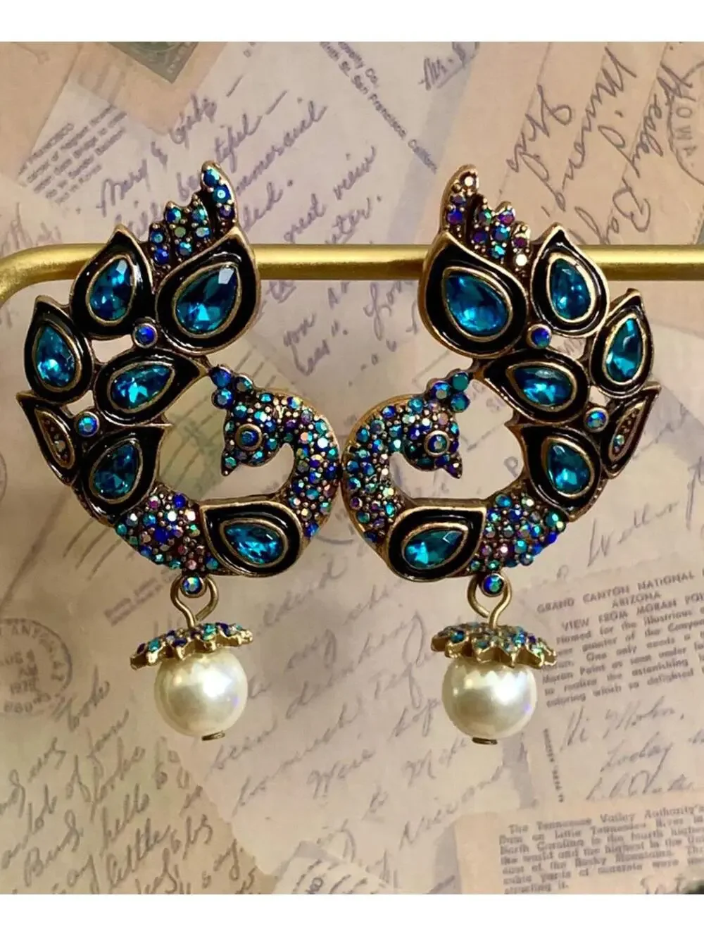 Aurora Borealis Rhinestone Peacock Bird Earrings Teal Teardrop Pearl Dangle